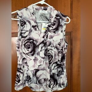 Calvin Klein Women's Rose Print Sleeveless Blouse - Dark Plum/White/Light Plum